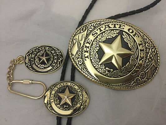 3 piece set Texas Seal Set: Belt Buckle, Bolo and Key Ring  (Gold)