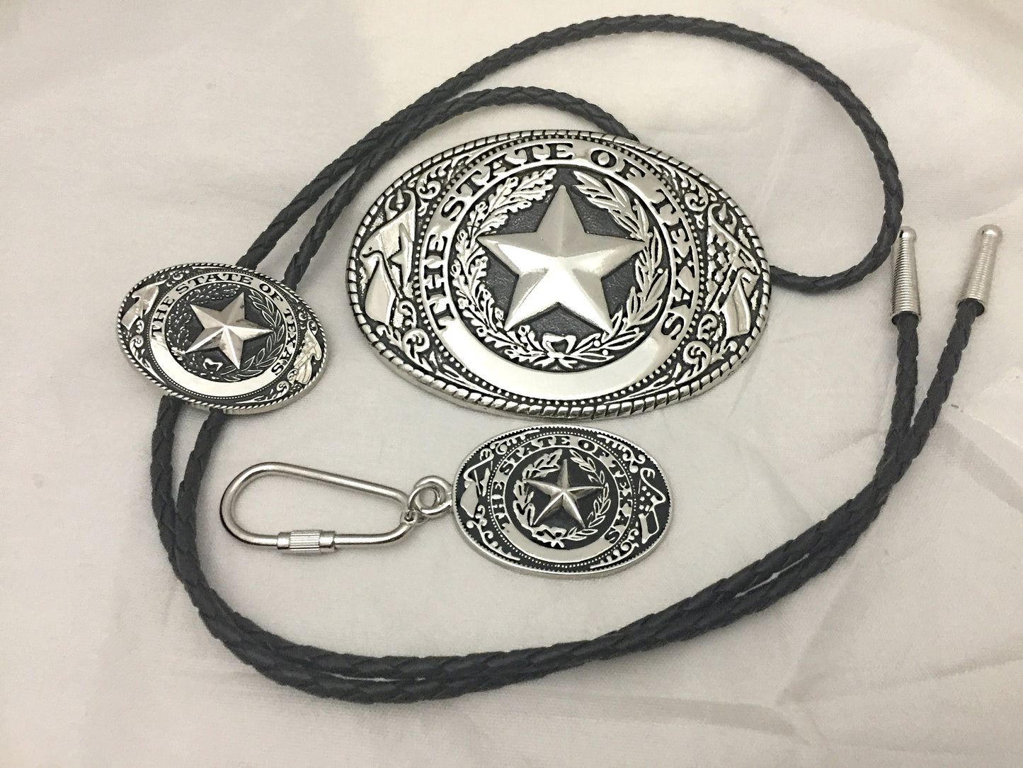 3 piece set Texas Seal Set: Belt Buckle, Bolo and Key Ring (Silver)